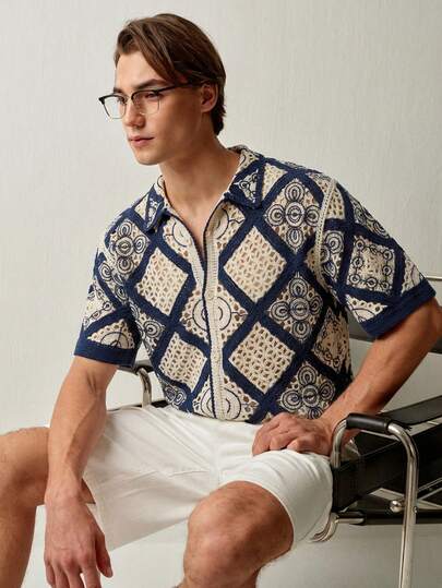 RONVEXI Men's Floral Hollow-Out Single-Breasted Short Sleeve Knit Top With Turndown Collar, Suitable For Everyday Wear Crochet Beach Old Money Top Summer Shirts For Men Crochet Shirt Men Blouses For Men Woven Fabric Men Shirts Resort Wear Men Shirts For Men Casual Men S Resort Wear Men S Crochet Shirt Mens Crochet Shirt Mens Resort Wear Mens Summer Shirt