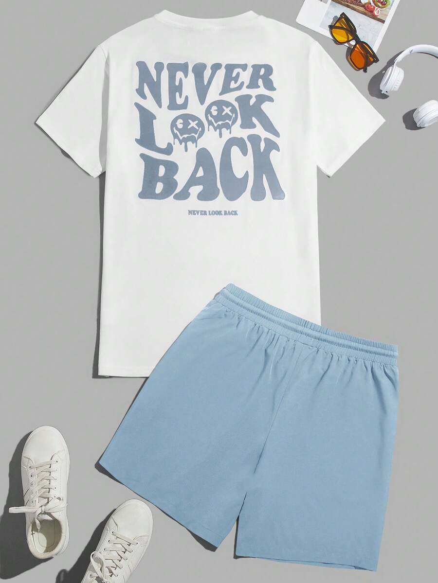 SWAVVY Conjunto de verano para parejas con camiseta con eslogan y gráfico de dibujos animados, y pantalones cortos con cordón en la cintura - Azul y blanco - Ver 1