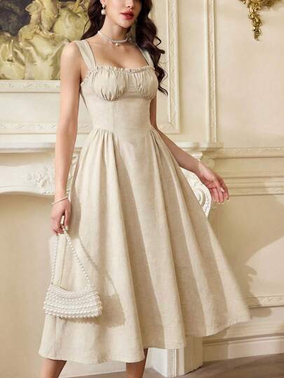 Vintamour Vintage Elegant Women's Dress With Pockets, Bustier Dress With Ruched Flounce Hem, Casual Holiday Party Dress