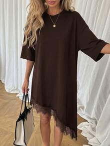 SHEIN LUNE Women's Casual Solid Color Lace Patchwork Summer Vacation Commute Daily Basic Fashion Asymmetrical Hem Short Sleeve Mid-Length Dress - Brown - View 4