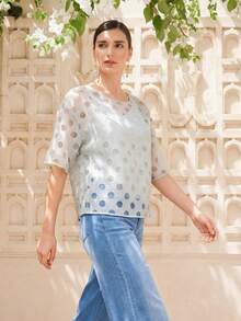 LOTSLUV Conjunto de 2 piezas elegante para primavera/verano de mujer: Blusa holgada de cuello redondo de manga corta en gris con estampado de lunares semitransparente en gris, combinada con camiseta interior gris - Gris - Ver 2