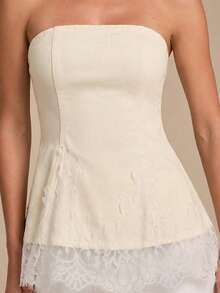 COSMINA Áo ống thời trang phối ren tương phản dành cho nữ, kiểu dáng denim. - Màu be - Xem 3