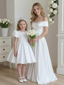 SHEIN Glamorique Kids 小女孩公主缎面连衣裙，白色，泡泡袖，花边装饰，生日派对，婚礼节日正式场合礼服，可爱 - 白色 - 查看 4