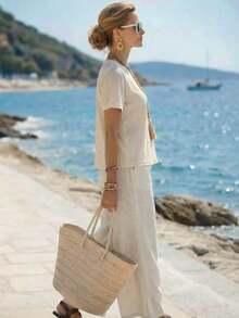 SHEIN Holidaya 女士休闲纹理面料圆领撞色蕾丝镂空露背短袖T恤，适合春夏度假穿着 - 杏色 - 查看 6