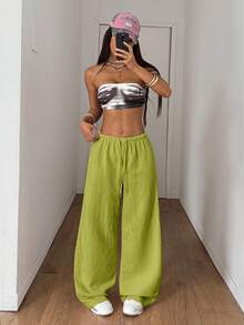 StreetHx Petite Women's Summer Textured Straight Leg Pants - Green - View 4