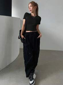 DAZY Women's Short Crop Top T-Shirt With Round Neckline - Black - View 5