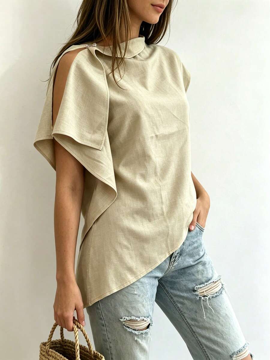 SHEIN Holidaya Áo nữ không tay cổ bẻ vạt lệch vạt, chất liệu giả vải lanh, kiểu dáng thanh lịch cho kỳ nghỉ. - Màu be - Xem 1