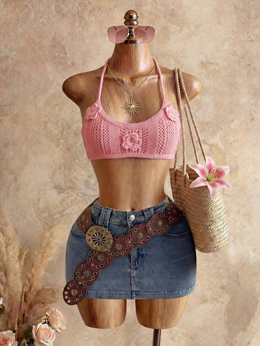 Mistrie Áo hai dây dệt kim màu hồng họa tiết hoa 3D, kiểu dáng gợi cảm, thích hợp cho kỳ nghỉ biển. - Hồng - Xem 1