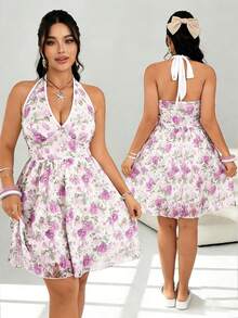 Celure Elegantes Damen Kleid mit Blume Muster und Taillengürtel - Weiss - Übersicht 3