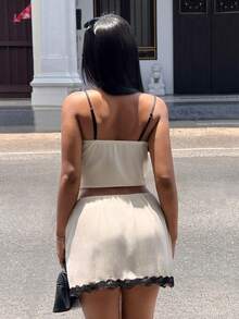 Slaydiva Elegant Sexy Fashionable Satin Contrast Lace Contrast Color Mini Skirt Date Night White Summer - Apricot - View 2