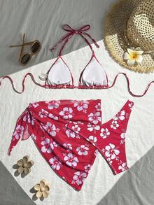 Swim Basics Floral Print Halter Neck Bikini Set With Tie Front Skirt For Summer Beach Vacation - Multicolor - View 6