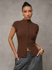 SHEIN BAE Women's Chic Coffee Brown Mock Neck Top,Capped Sleeve Single-Breasted Casual Summer Jersey Shirt,Everyday Fleece Sweater Button Up Winter Clothes - Coffee Brown - View 3