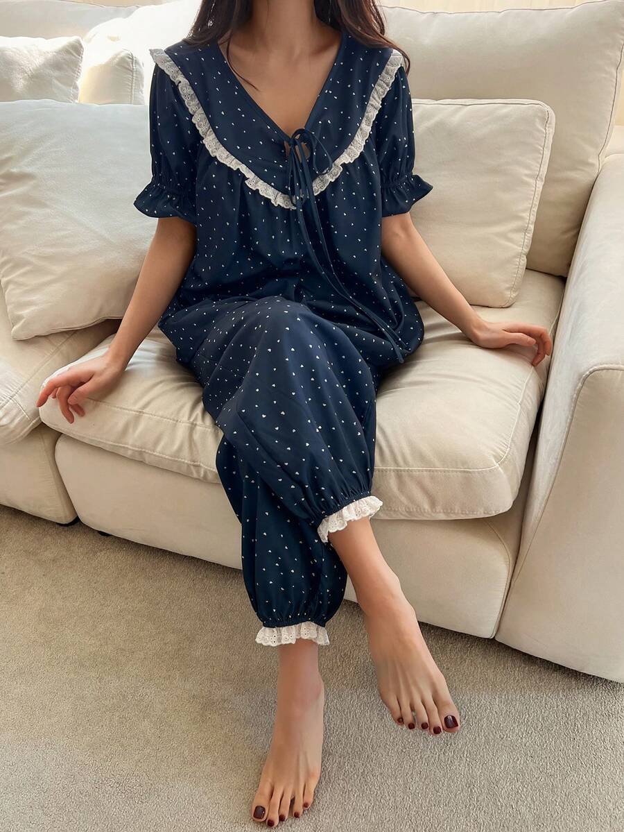 DAZY Bộ đồ ngủ nữ chấm bi viền ren, kiểu dáng thường ngày, gồm áo và quần, thích hợp mặc ở nhà. - Màu xanh hải quân - Xem 1