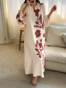DAZY Floral Pattern Loose 3/4 Sleeve Dress, Spring Outfit, Women Sleepwear Dress - White - View 1