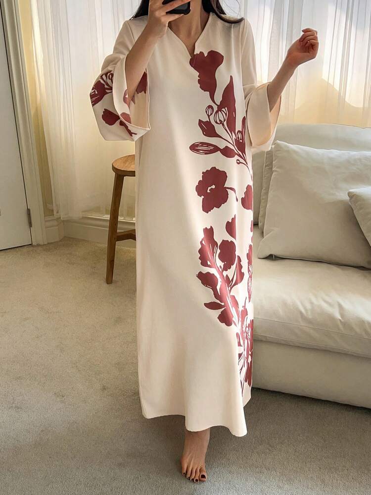 Floral Pattern Loose 3/4 Sleeve Dress, Spring Outfit, Women Sleepwear Dress