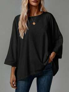 EMERY ROSE Plus Size Women's Solid Color Round Neck Loose Casual T-Shirt - Multicolor - View 5