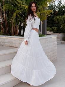 Bris Aura Bộ 2 áo ba lỗ ngắn trơn và chân váy dài cho nữ - trắng - Xem 4