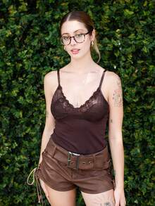 Ananda Vibes Women's Solid Color Lace Patchwork Casual Fashion Camisole Top, Summer - Coffee Brown - View 5