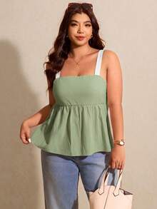 Elaquor Plus Size Summer Casual Contrast Color Strap Camisole - Mint Green - View 4
