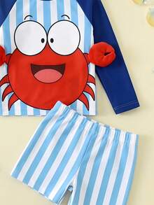 LMoss Kids Baby Boy Cute Crab Pattern Blue Striped Contrast Color Long Sleeve Swimsuit And Swim Trunks Set, Suitable For Vacation, Beach, Surfing Baby Bathing Suits - Blue - View 4