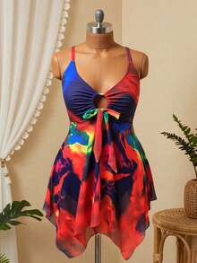 Slaydiva Traje de baño de estilo de resort de playa elegante y maduro para mujer, con falda irregular de malla con dobladillo, cintura calada, tirantes ajustables y estampado multicolor, combinado con Bottom de triángulo estampada. - Multicolor - Ver 7