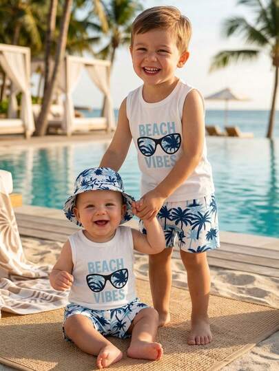 SHEIN Playful Pals Erkek Bebek 3 Parçalı Yaz Seti: Beyaz Şık Harf Baskılı Askılı Bluz, Palmiye Ağacı Baskılı Plaj Şortu, Uyumlu Şapka. Plaj Tatili, Günlük Giyim ve Açık Hava Aktiviteleri İçin Uygundur.
