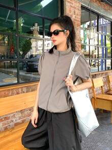DAZY Women's Solid Color Short Sleeve Casual Korean Style Jacket Summer - Coffee Brown - View 4