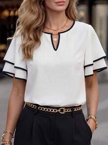 Miaspire 女士撞色滚边V领短袖休闲衬衫白色上衣，外出上衣 - 黑與白 - 查看 7