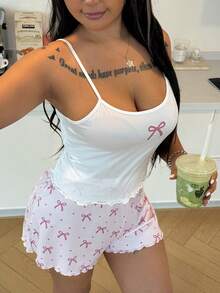 ZzzCrew Plus Size Sexy Bow Tie Printed Camisole And Shorts Pajama Set - White - View 4