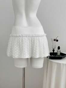 Sexy Lace Trim Jacquard Mini Skirt, Versatile Low Waist A-Line Hem Skirt - White - View 2