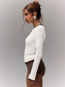 MUSERA Top de manga larga ajustado con ribete de contraste, casual, para vacaciones, aeropuerto, días festivos, lindo, de vuelta al colegio, elegante para invierno, primavera y verano - Blanco - Ver 3