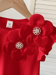 SHEIN Young Girl Floral 3D Decor Round Neck Elegant Ruffle Trim T-Shirt - Red - View 7