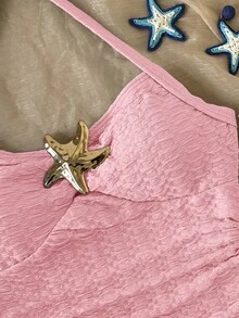 SHEIN 少女露背金属海星装饰蓝色纹理针织连体泳衣 - 粉色 - 查看 4