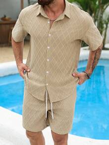 VENTUSAIL Men's Casual Textured Short Sleeve Shirt Set - Khaki - View 5