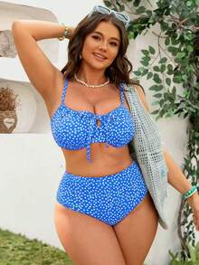 Swim Mod Plus Size Women's Sweet & Cute Minimalist Beach Vacation Casual Random Ditsy Floral Ruffled Underwire Adjustable Strap 2-Piece Swimwear Set - Blue - View 5