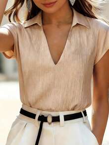 Balvessa 女士V领蝙蝠袖纹理面料衬衫 - 香檳色 - 查看 5