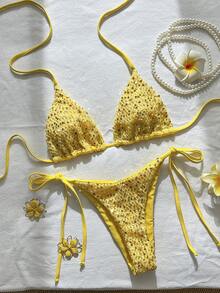 Swim MOD 2-Piece Set, Textured Glitter Halter Neck Triangle Bikini Top And Side Tie Bottoms, Sexy Women's Swimsuit Set For Spring/Summer Vacation - Yellow - View 7