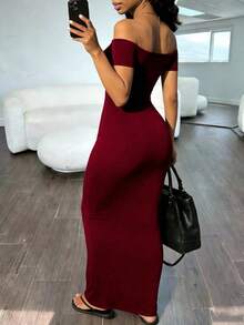 INAWLY Solva Women's Solid Color Off-Shoulder Short Sleeve Fitted Elegant Dress - Burgundy - View 6