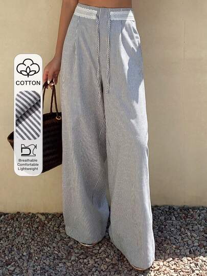 Livesso Quần ống rộng kẻ sọc phối ren dành cho nữ, thích hợp cho kỳ nghỉ hè.