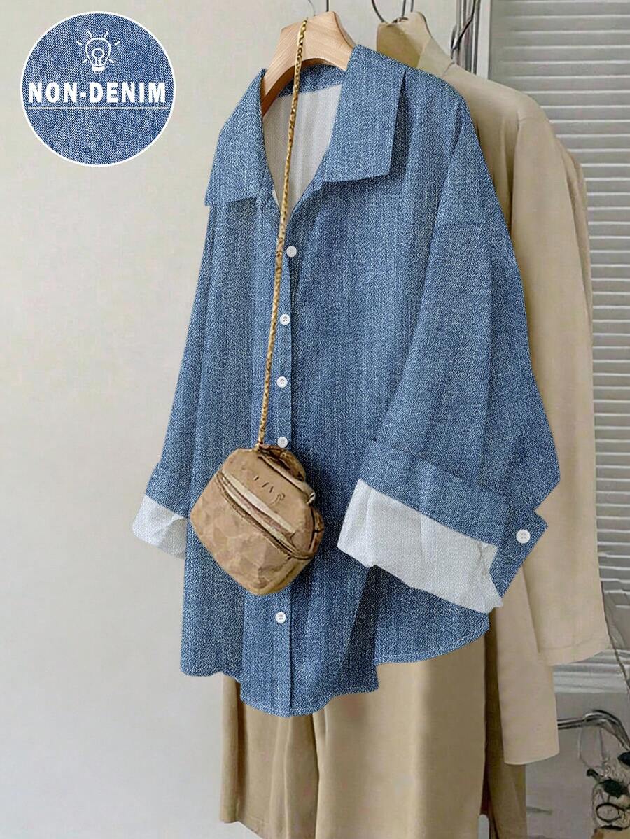 SHEIN LUNE 大码女式休闲长袖翻领纽扣衬衫 - 彩色 - 查看 1