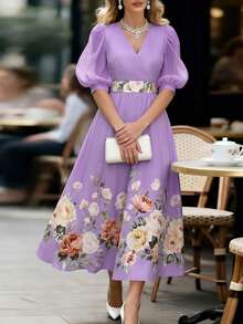 EMERY ROSE Robe élégante à imprimé floral avec nœud pour femmes, convient pour les fêtes et les occasions du soir - Parme - Voir 5