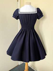 Sweetra 大码撞色翻领蝴蝶结腰身A字短袖连衣裙 - 彩色 - 查看 2