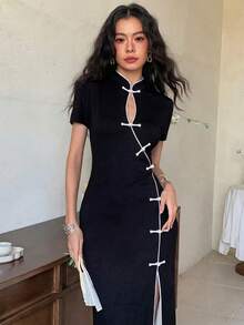 EastFlair Đầm midi ngắn tay xẻ tà bên hông ôm sát dành cho nữ, thiết kế cài cúc, kiểu Trung Quốc. - Đen và trắng - Xem 7