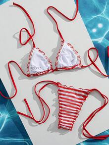 Swim Mod 夏季新款欧美性感条纹吊带甜美少女分体泳衣，小胸显瘦时尚比基尼，荷叶边三角泳装，适合海滩、度假、蜜月、假日穿着 - 彩色 - 查看 4