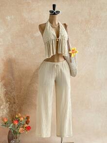 Soleia 2pcs Women Vacation Ruffle Hem Halter Top And Pants Set - Apricot - View 3