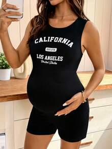 Modmama Áo liền quần bầu cổ tròn in chữ, kiểu dáng thường ngày. - màu đen - Xem 1