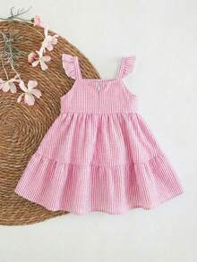 SHEIN Baby Girl Summer Casual Striped Dress With 3D Floral Decor - Pink - View 2