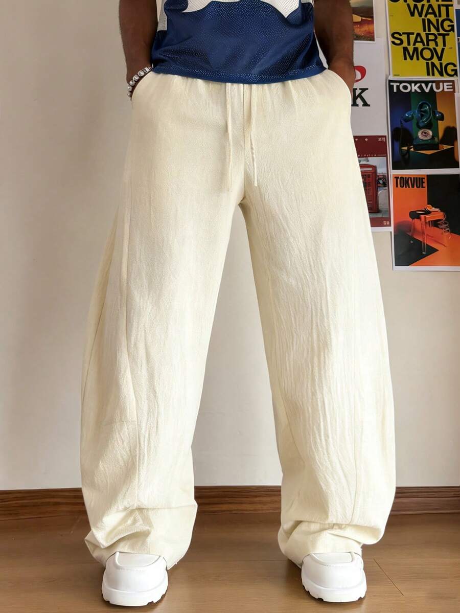 Manfinity Hypemode Men's Solid Color Drawstring Waist Pocket Wide Leg Casual Pants - Apricot - View 1