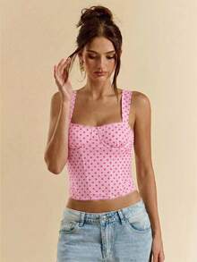 SHEIN BAE Áo hai dây chấm bi đen thanh lịch dành cho nữ, thích hợp cho buổi hẹn hò, tiệc sinh nhật, hộp đêm, tiệc lễ hội, tiệc bạn gái, hẹn hò, mặc hàng ngày, đi làm, áo corset, áo corset dễ thương, áo gợi cảm đi club, áo corset, áo trễ vai, áo mùa hè, áo dễ thương, quần áo mùa hè cho nữ, áo corset. - Hồng - Xem 3