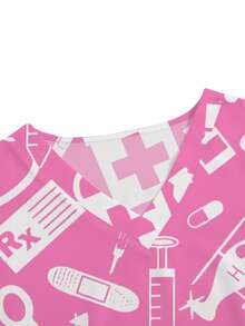 PopScrub Women's Pink V-Neck Short Sleeve Blouse,Cute Cartoon Tool Print,Functional Dual Pockets,Nurse Doctor Veterinary Uniform,Work Schoolgirl Lab Coat - Pink - View 3